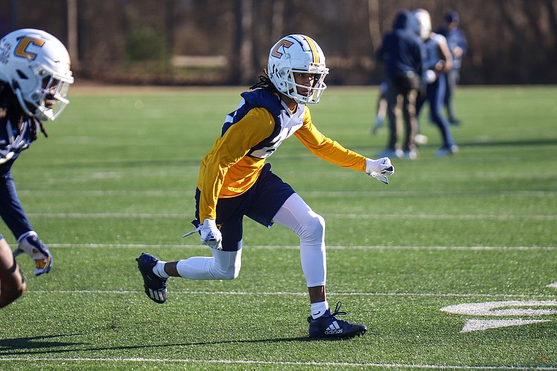Staff photo by Olivia Ross / D.J. Adams (27) runs through drills during UT Chattanooga football practice on Wednesday, February 7, 2024.