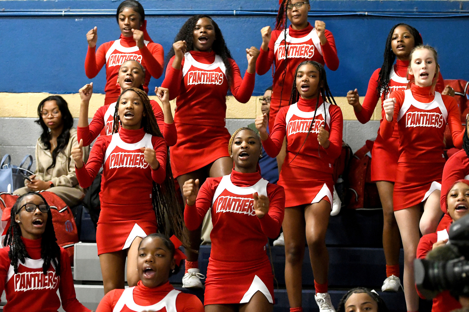 Staff Photo by Robin Rudd / The Brainerd cheerleaders urge the Panthers on. The Brainerd Panthers met the Tyner Rams in the District 4-AA tournament championship, played at Chattanooga School for Arts and Sciences, on February 20, 2024.