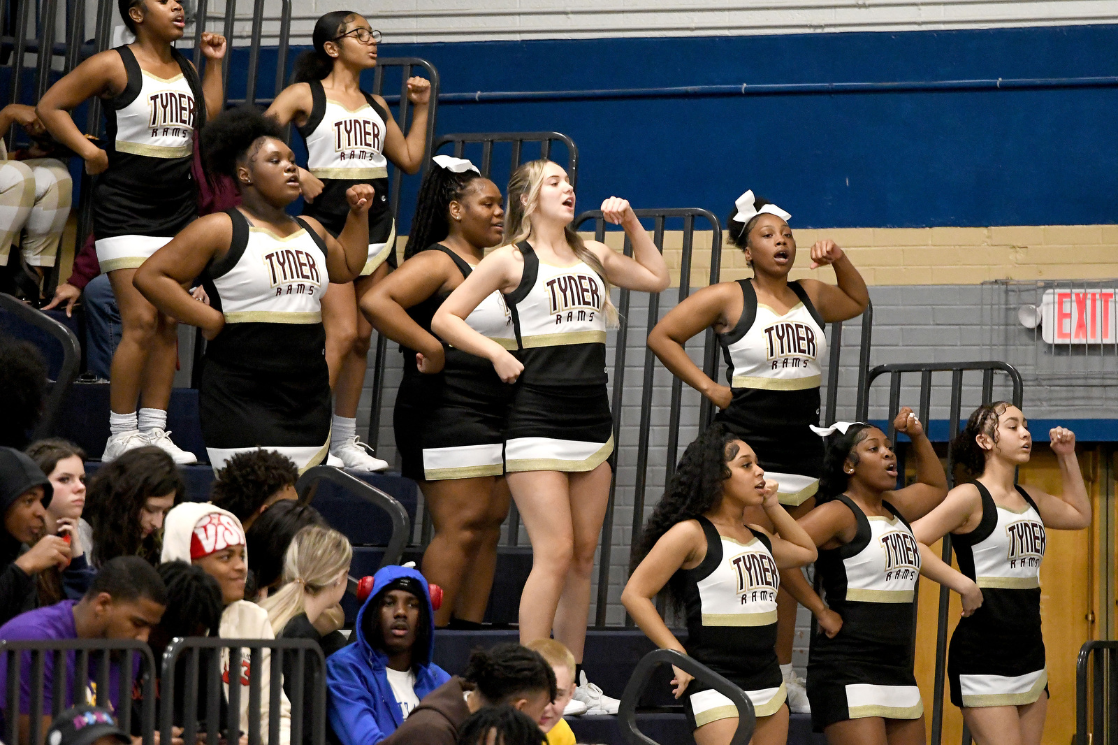 Staff Photo by Robin Rudd / Tyner cheerleaders urge on the Rams. The Brainerd Panthers met the Tyner Rams in the District 4-AA tournament championship, played at Chattanooga School for Arts and Sciences, on February 20, 2024.