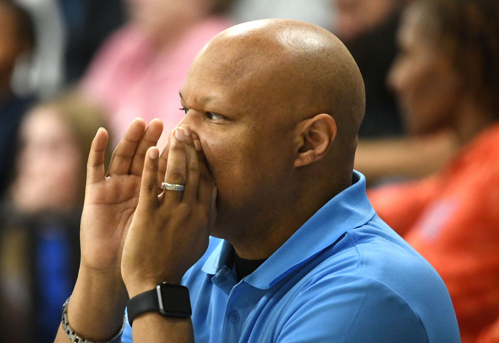 Staff Photo by Robin Rudd / Brainerd head coach Levar Brown yells instructions to the Panthers. The Brainerd Panthers met the Tyner Rams in the District 4-AA tournament championship, played at Chattanooga School for Arts and Sciences, on February 20, 2024.