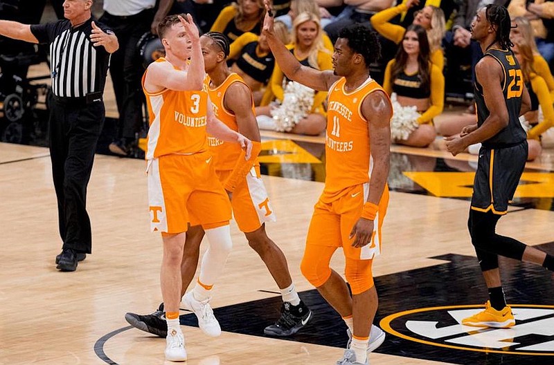 Tennessee Athletics photo / Dalton Knecht (3) and Tobe Awaka (11) combined for 35 points Tuesday night as Tennessee clinched another 20-win season with its 72-67 victory at Missouri.