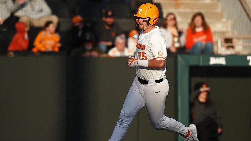 Tennessee Athletics photo / Tennessee's Blake Burke rounds the bases following his seventh-inning home run during Friday's 8-5 topping of Albany.