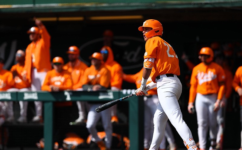 Tennessee Athletics photo / Tennessee freshman shortstop Dean Curley watches the flight of his three-run home run during the fourth inning of Saturday afternoon's 21-6 shellacking of Albany.