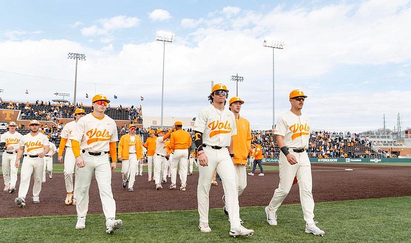 Tennessee Athletics photo by Ian Cox / Tennessee baseball players walk off the field at Lindsey Nelson Stadium following Sunday's 12-0 blanking of Albany that completed a three-game sweep.
