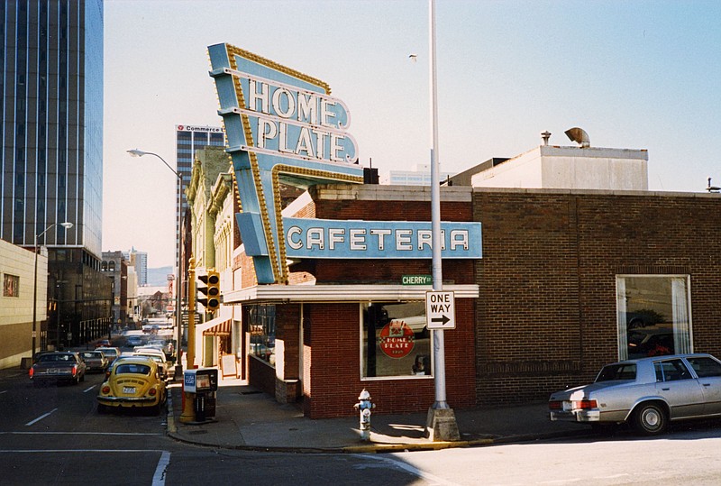 Photo by Hugh J. Moore Jr. via ChattanoogaHistory.com / This 1980s photo of the Home Plate Cafeteria at Seventh and Cherry streets was taken before the popular eatery closed in 1987. It had been open since the 1920s.