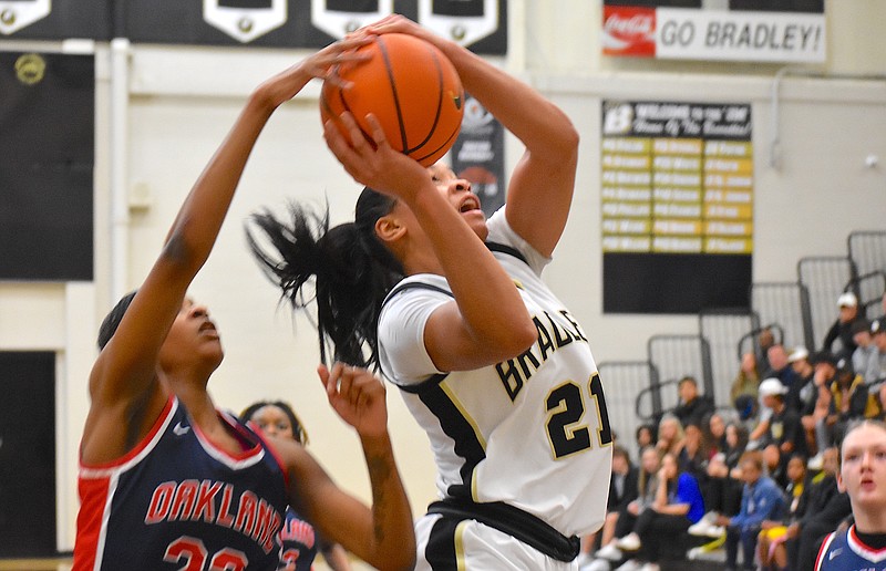 Staff photo by Patrick MacCoon / Bradley Central's TaTianna Stovall drives to the hoop during Saturday's home win over Oakland in a TSSAA Class 4A sectional.
