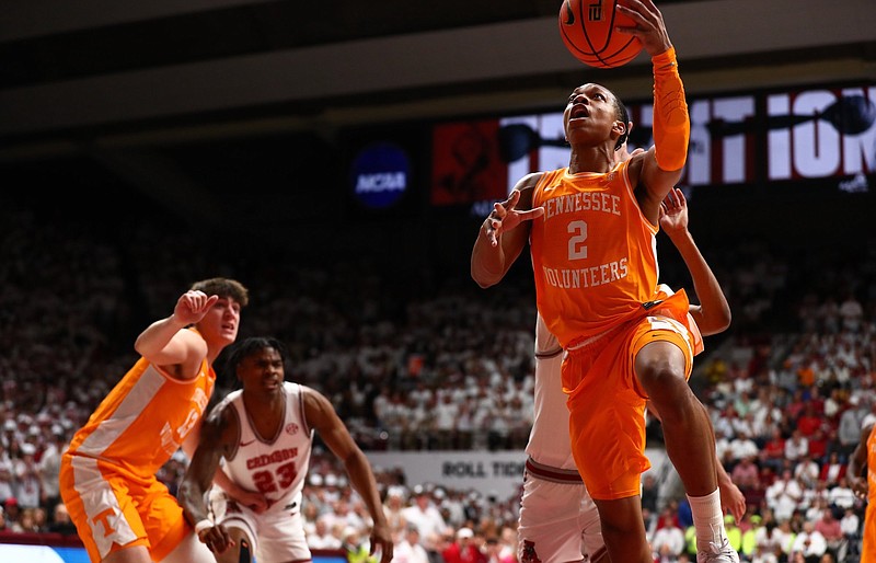Tennessee Athletics photo / Jordan Gainey drives for a first-half basket during Tennessee's 81-74 win Saturday night at Alabama.