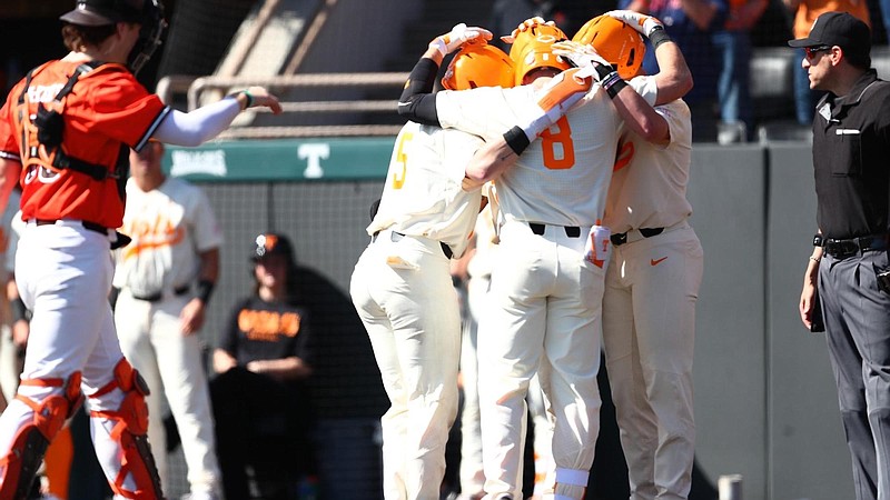 Tennessee Athletics photo / Tennessee players celebrate during Sunday afternoon's 16-6 pounding of Bowling Green.