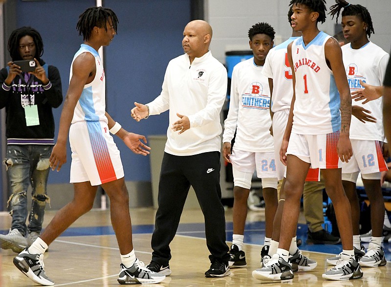 Staff Photo by Robin Rudd / Brainerd head coach Levar Brown gathers the Panthers for a timeout during the Best of Preps tournament at Chattanooga State. Brown has guided the Panthers to six state tournament appearances over the last 10 years.