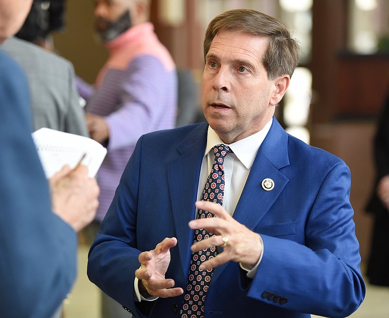 Staff file photo By Matt Hamilton / U.S. Rep. Chuck Fleischmann, R-Tennessee, talks with a reporter after a news conference at EPB's headquarters on Jan. 26, 2024.