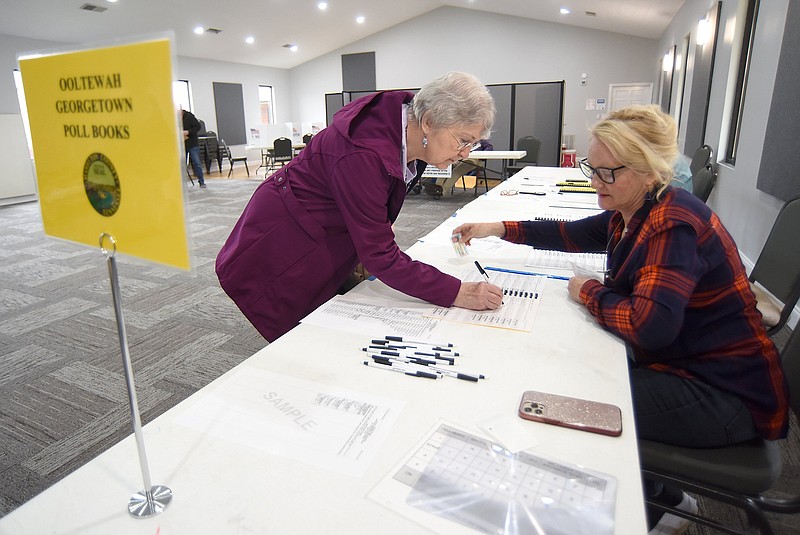 Staff photo by Matt Hamilton / Deborah Lubell, right, checks a voters drivers license at Meadowview Baptist Church in Georgetown on Tuesday, where crowds were not apparent.