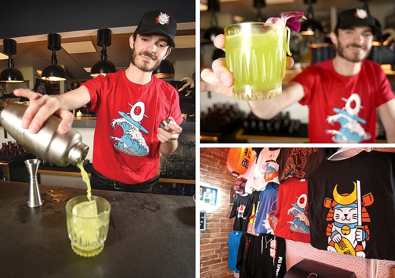 Staff photos by Matt Hamilton / Bar manager Jacob Nichols makes and holds a Midori Yuzu Sour at Attack of the Tatsu. Merchandise is available for purchase at the restaurant.