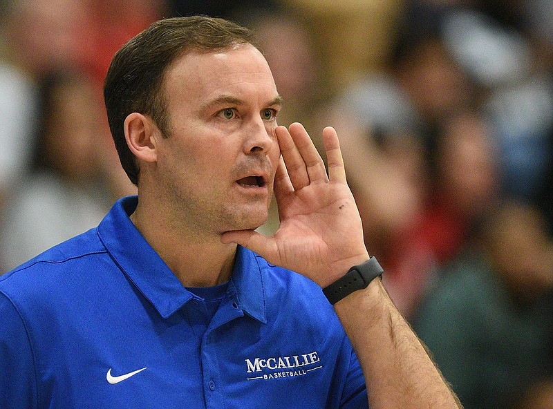 Staff photo by Matt Hamilton / McCallie head coach Steve Robison yells to his players during the boys championship game against Baylor on Friday, December 30, 2022.