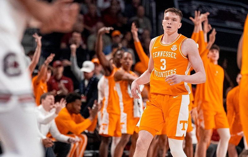 Tennessee Athletics photo / Tennessee's bench celebrates one of Dalton Knecht's five 3-pointers during last Wednesday night's win at South Carolina that clinched the outright Southeastern Conference championship for the Volunteers.