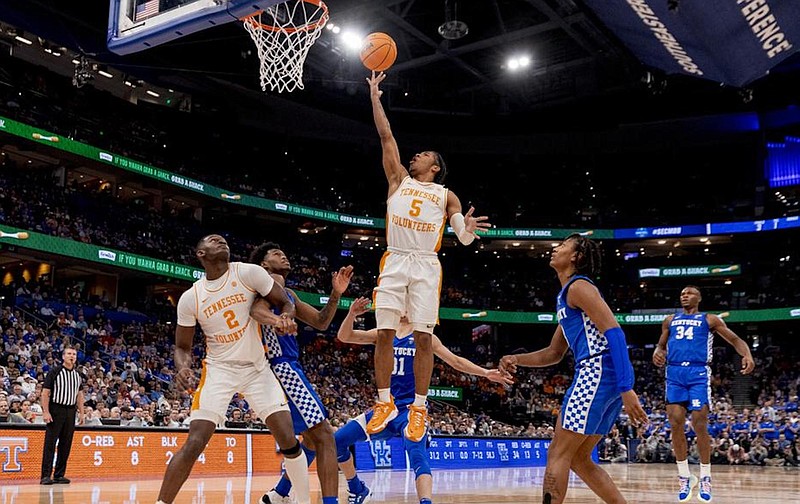 Tennessee Athletics photo by Andrew Ferguson / Tennessee point guard Zakai Zeigler goes up for a layup during a 2022 Southeastern Conference tournament semifinal win over Kentucky in Tampa.