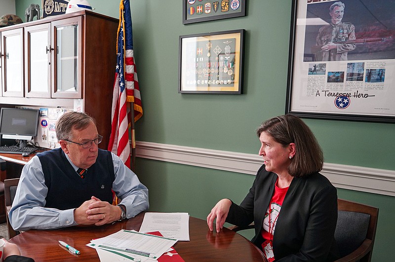 Barb Dentz, right, an advocate with Tennessee Families for Vaccines, met with her state representative, Rep. Sam Whitson, R-Franklin, to discuss the state's declining childhood immunization rates in January. (Amy Maxmen/KFF Health News)