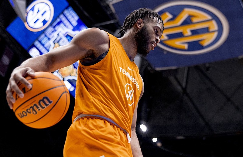 Tennessee Athletics photo / Fifth-year senior guard Josiah-Jordan James goes through Tennessee's practice session Thursday as the Volunteers prepare for Friday afternoon's quarterfinal matchup with Mississippi State at the Southeastern Conference tournament in Nashville.
