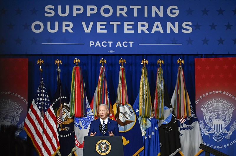Photo/Alex Goodlett/The Associated Press / President Joe Biden speaks at the George E. Wahlen Department of Veterans Affairs Medical Center on  Aug. 10, 2023, in Salt Lake City. Bidenspoke on the one-year anniversary of the PACT Act, which provides new benefits to veterans who were exposed to toxic substances.