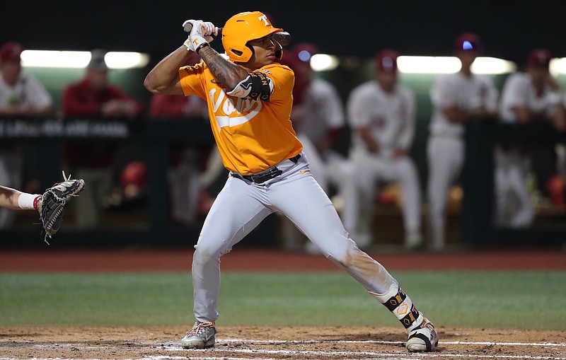 Alabama Athletics photo / Tennessee leadoff hitter Christian Moore went 4-for-5 with a double and a home run Saturday night at Alabama, but it wasn't enough in a 6-3 loss to the Crimson Tide.