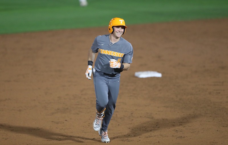 Tennessee Athletics photo / Tennessee's Dylan Dreiling is all smiles as he rounds the bases following a solo home run Friday night at Alabama. Dreiling racked up seven RBIs over the three games in Tuscaloosa, but the Crimson Tide pulled out the series with Sunday afternoon's 7-6 triumph.
