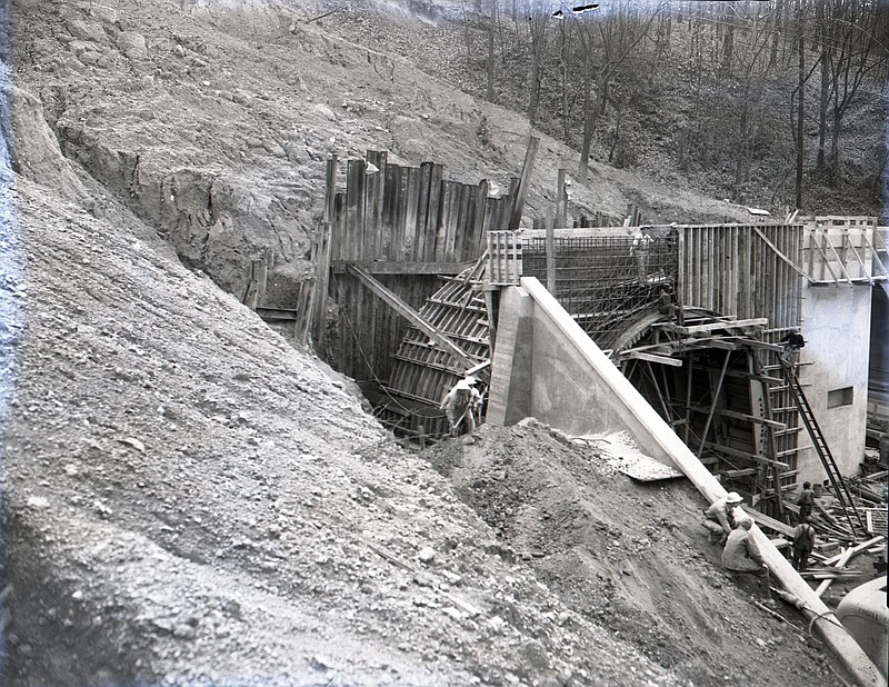 Chattanooga News-Free Press photo/John Goforth via ChattanoogaHistory.com / This 1953 newspaper photo shows construction of the Missionary Ridge Tunnel expansion. Construction of the original tunnel was delayed frequently due to crumbling soil and rock.