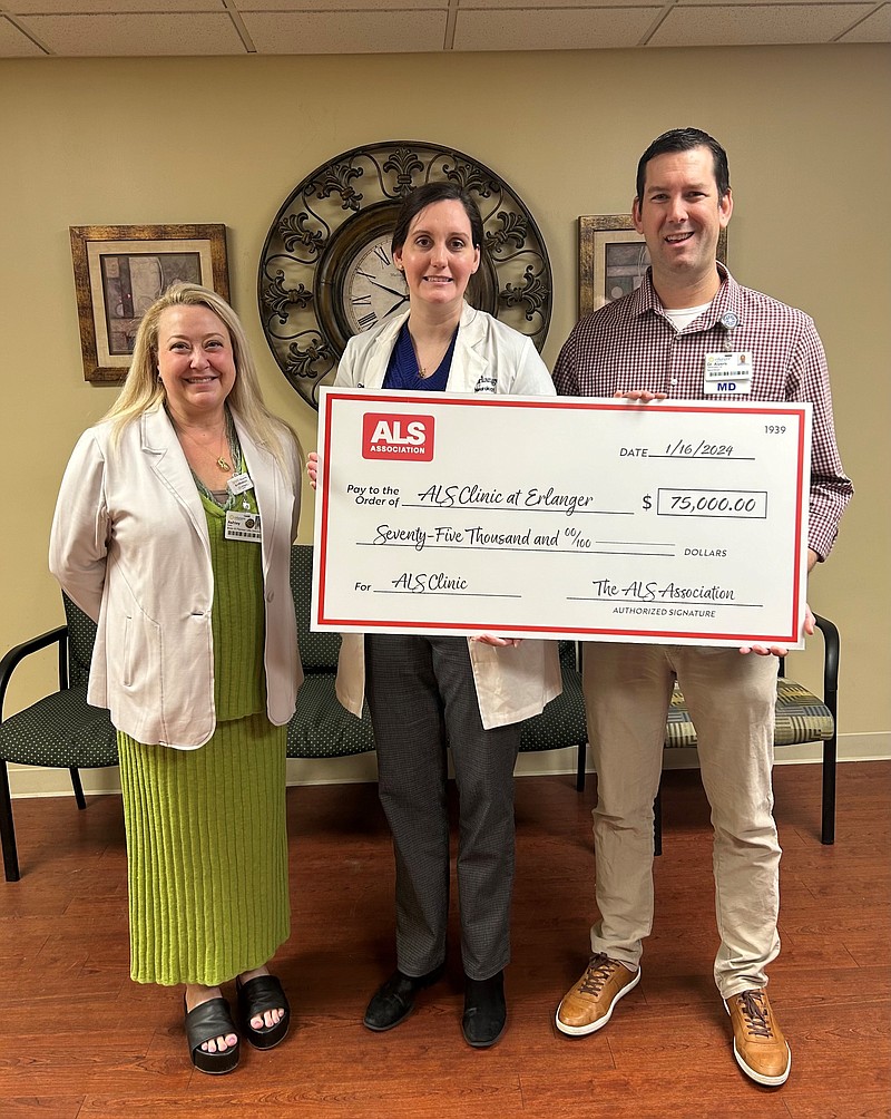 Contributed photo / On hand for a $75,000 check presentation from the ALS Association to Erlanger Neurology from left, are Ashley Evans, director of major and planned gifts for the Erlanger Foundation; Dr. Chelsea Shugars, outpatient neurologist; and neurologist Dr. Joshua Alpers.