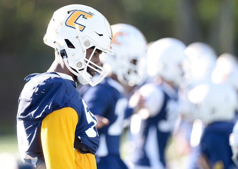 Staff photo by Matt Hamilton / UTC edge rusher Marquise Freeman, shown during spring practice on March 7 at Scrappy Moore Field, hopes to be part of the solution to replacing the production lost at his position with the graduation of standout starters Ben Brewton and Jay Person.