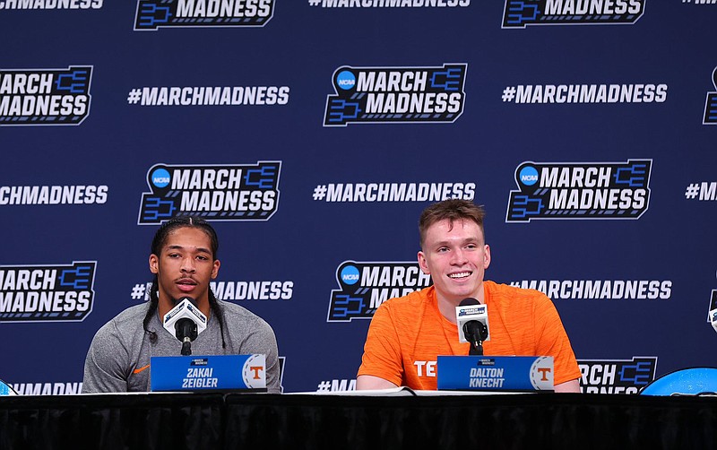 Tennessee Athletics photo / Tennessee junior point guard Zakai Zeigler and fifth-year senior guard Dalton Knecht field questions during Wednesday's media session in Charlotte before Thursday night's NCAA tournament matchup between the Volunteers and Saint Peter's.