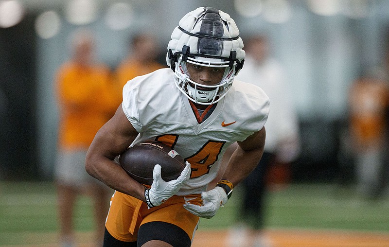 Tennessee Athletics photo by Kate Luffman / Tennessee freshman receiver Braylon Staley goes through a spring practice earlier this week inside the Anderson Training Center.