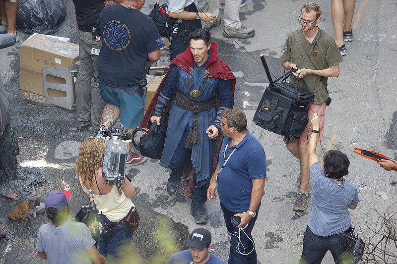FILE- Cast member Benedict Cumberbatch works during the filming of "Avengers: Infinity War", Wednesday, June 28, 2017, in Atlanta. A Georgia state Senate committee voted Wednesday, March 20, 2024, to weaken a cap on the state's tax credits that the House had proposed. (AP Photo/Mike Stewart, File)