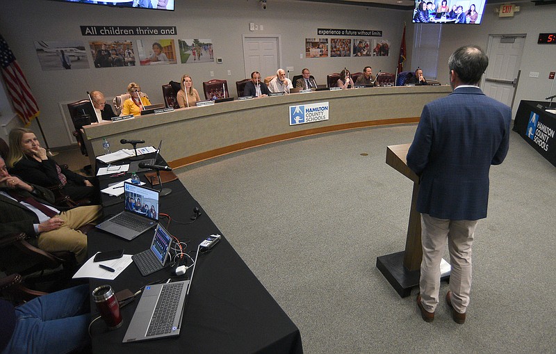 Staff photo by Matt Hamilton / Hamilton County Superintendent Justin Robertson speaks during a school board meeting Jan. 18.