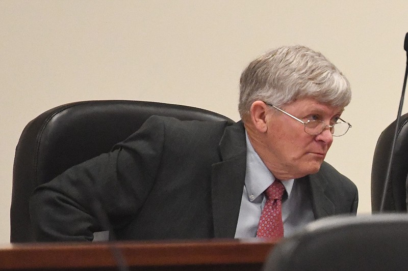 Sen. Greg Albritton, R-Atmore, the chair of the Senate Finance and Taxation General Fund Committee, listens to a budget presentation from the Alabama Community College System in 2023. (Brian Lyman/Alabama Reflector)