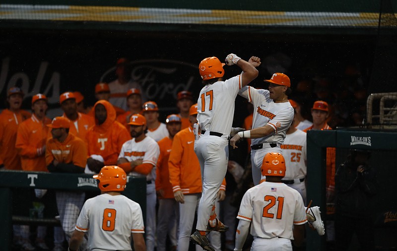 Tennessee Athletics photo / The Tennessee Volunteers did their share of celebrating during Friday night's 15-3 thrashing of Ole Miss inside Lindsey Nelson Stadium that was called after seven innings.