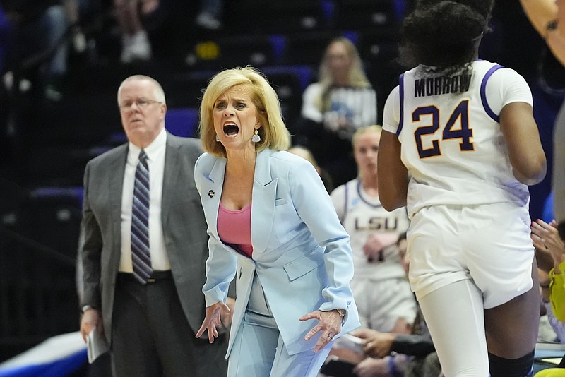 AP photo by Gerald Herbert / LSU women's basketball coach Kim Mulkey shouts from the sideline during the Tigers' home against Rice in the first round of the NCAA tournament Thursday in Baton Rouge.
