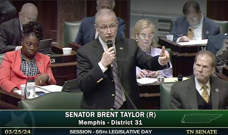 Tennessee General Assembly / Sen. Brent Taylor, R-Memphis, speaks on the Senate floor March 25 about the bill he sponsored to require Tennessee law enforcement officers to communicate and cooperate with federal authorities on cases involving unauthorized immigrants.