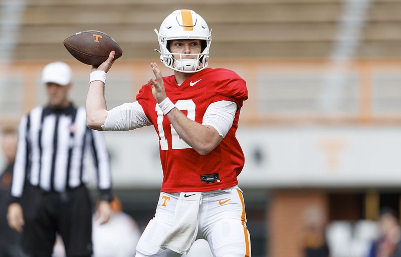 Tennessee Athletics photo by Ian Cox / Tennessee freshman quarterback Jake Merklinger competes during Wednesday's first spring scrimmage inside Neyland Stadium.