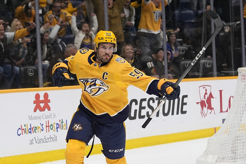 AP photo by George Walker IV / Nashville Predators defenseman Roman Josi celebrates his winning goal at the end of overtime against the visiting Vegas Golden Knights on Tuesday night.