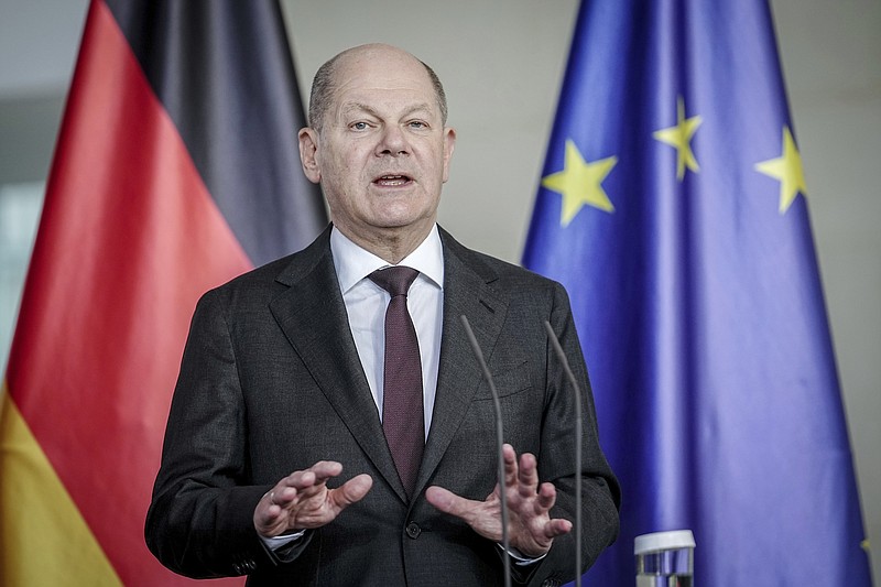 Photo/Kay Nietfeld/dpa via The Associated Press / German Chancellor Olaf Scholz addresses the media during a joint news conference with the Prime Minister of Latvia, Evika Silina, in Berlin, Germany, on Wednesday, March 27, 2024.