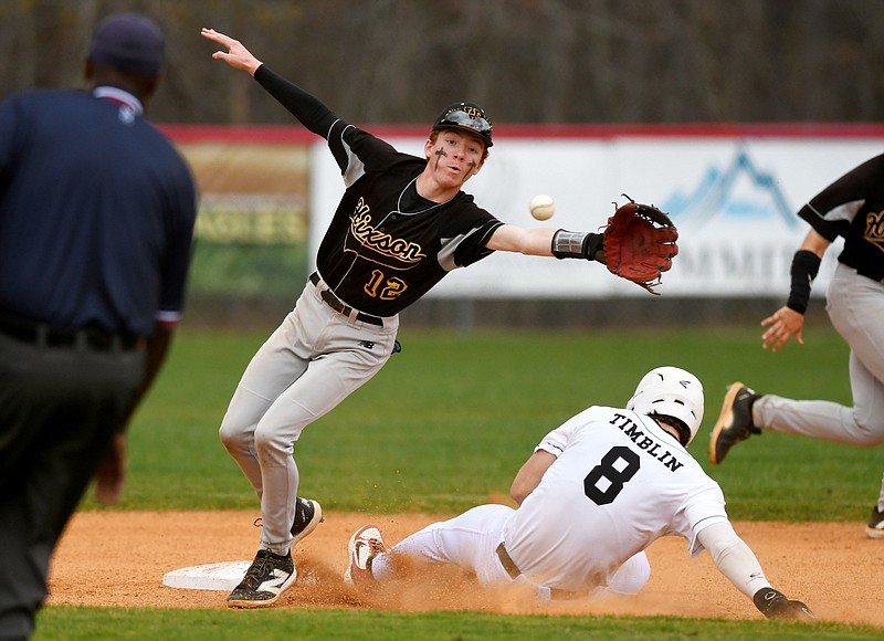 Staff Photo by Robin Rudd / Signal Mountain's Ben Timblin (8) steals second, as Hixson second baseman, Harlon Stevens (12) stretches for the throw.  The Signal Mountain Eagles hosted the Hixson Wildcats in TSSAA baseball action on April 1, 2024.