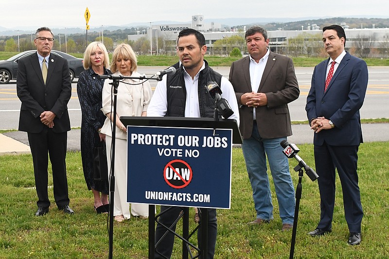 Staff Photo By Robin Rudd / Hamilton County Mayor Weston Wamp and other Republican elected officials hold a news conference Monday outside the Chattanooga Volkswagen manufacturing plant to encourage employees to vote against unionizing.