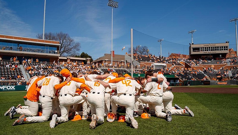 Tennessee Athletics photo / Tennessee baseball players gather before a game last month against Ole Miss at Lindsey Nelson Stadium. The No. 4 Volunteers are 24-5 this season entering a weekend series at Auburn.