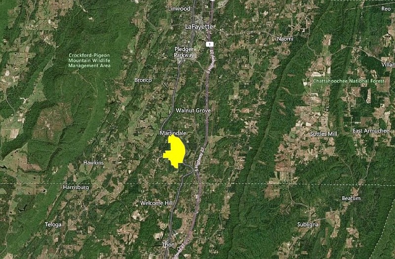 Contributed Photo / In yellow, the 700-acre site of a proposed rock quarry in South Walker County is shown on a map.