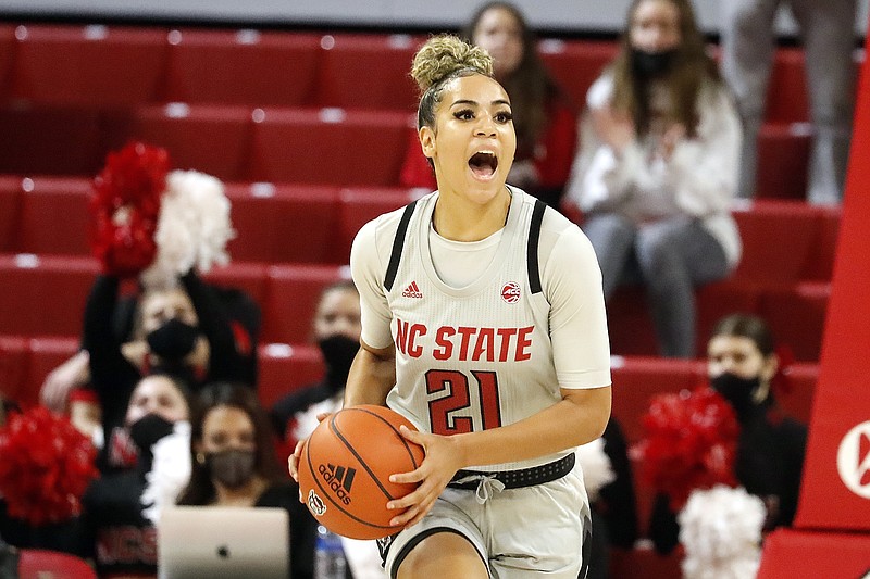 Associated Press photo // Former East Hamilton High School and current North Carolina State basketball star Madison Hayes (21) will lead her team into the women's Final Four Friday night.
