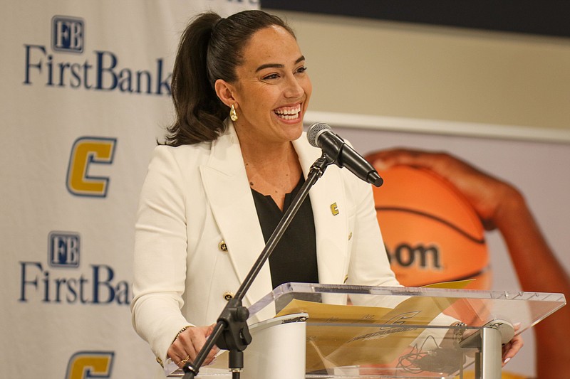Staff photo by Olivia Ross / New UTC women's basketball coach Deandra Schirmer was introduced to media and fans as well as her new team on Friday.