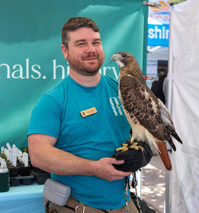 This staff photo by Olivia Ross shows Taylor Berry of Reflection Riding with Thor the red-tailed hawk at last weekend's Outdoor Festival at the Choo Choo.