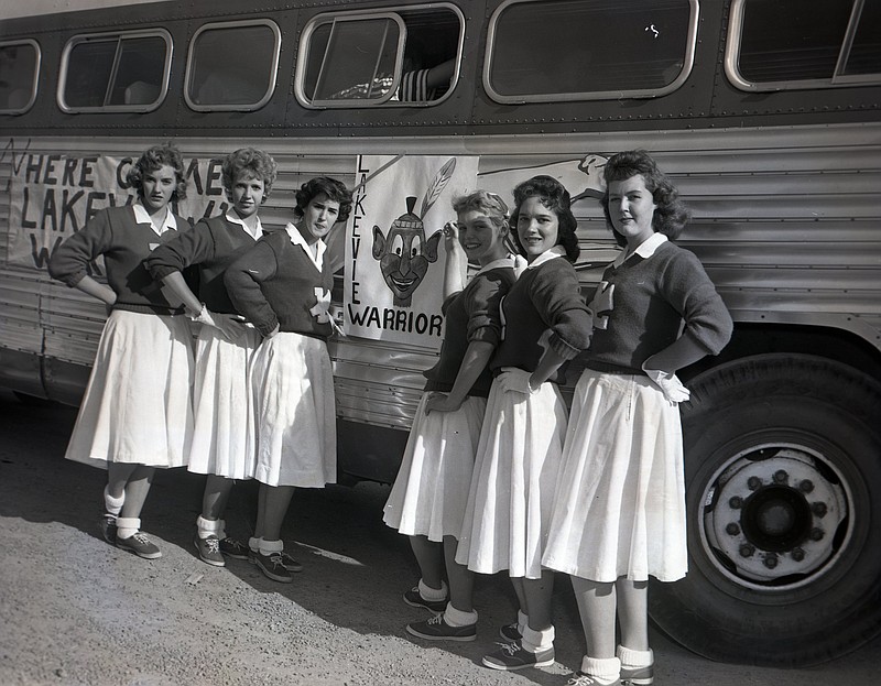 Chattanooga News-Free Press archive photo via ChattanoogaHistory.com / Cheerleaders for the former Lakeview High School Warriors are shown prior to a road trip with the North Georgia football team in 1958. They were identified as, from left, Linda Sexton, Wanda Clack, Elaine Hollifield, Rebecca Sanders, Dorothy Howell and Delores Nicholson.