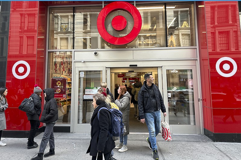 Shoppers leave a Target store in midtown Manhattan in New York on Tuesday, March 19, 2024. On Friday April 12, 2024, the University of Michigan releases its preliminary reading of consumer sentiment for April. (AP Photo/Ted Shaffrey)