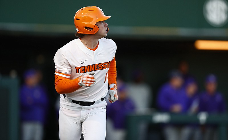Tennessee Athletics photo / Tennessee third baseman Billy Amick watches the flight of his two-run home run to left field during the first inning of Friday night's win over LSU.