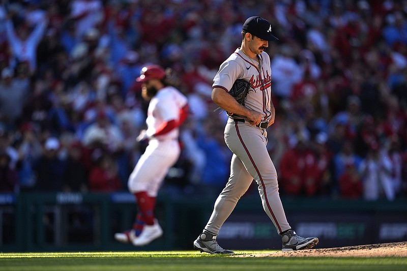 AP photo by Matt Slocum / Atlanta Braves pitcher Spencer Strider walks back to the mound after giving up a two-run homer to the Philadelphia Phillies' Brandon Marsh on March 29.