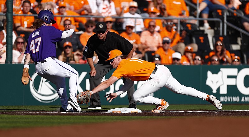 Tennessee Athletics photo / Tennessee third baseman Billy Amick applies the tag on LSU's Tommy White during Saturday evening's 3-1 victory by the Volunteers.